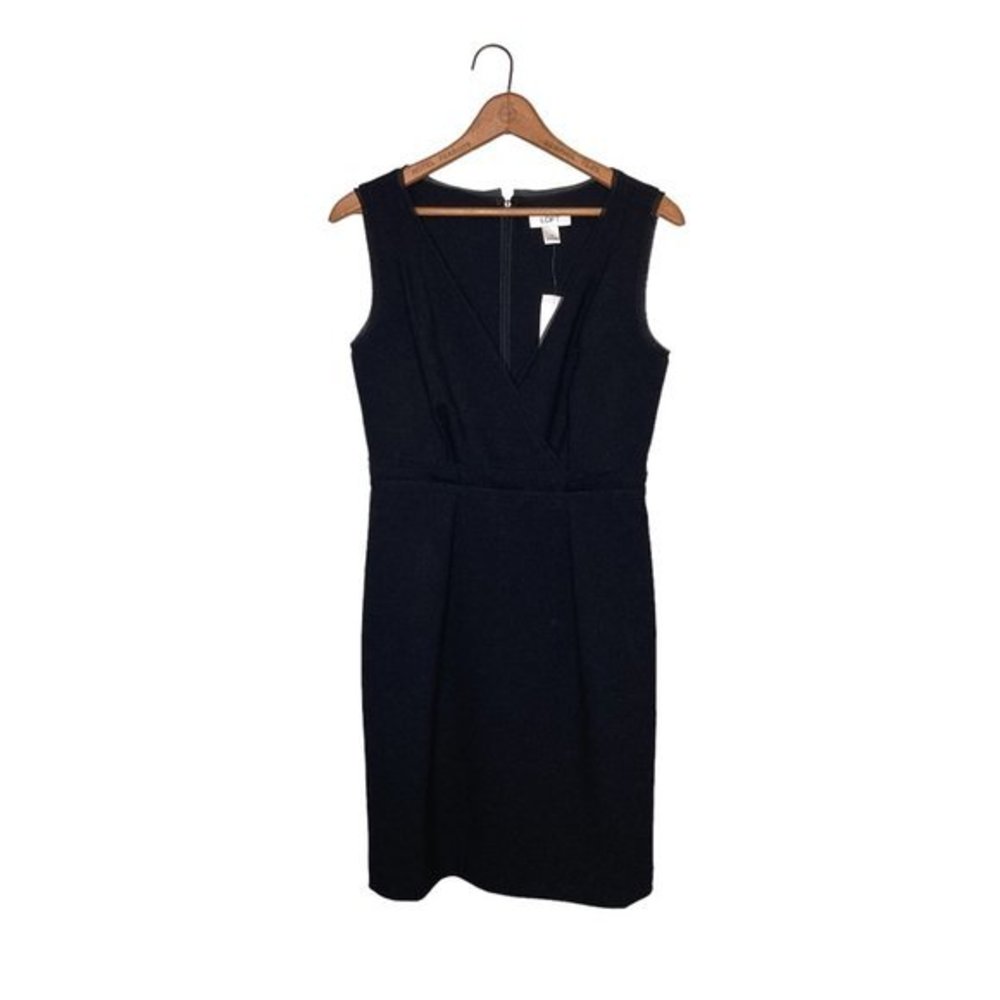 New Ann Taylor LOFT 4 Black Surplice Chiffon Trim Classic Stretch Sheath Dress‎